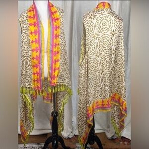Soft Surroundings boho ikat flowy vest neon fringe pink & gold trim oversized OS
